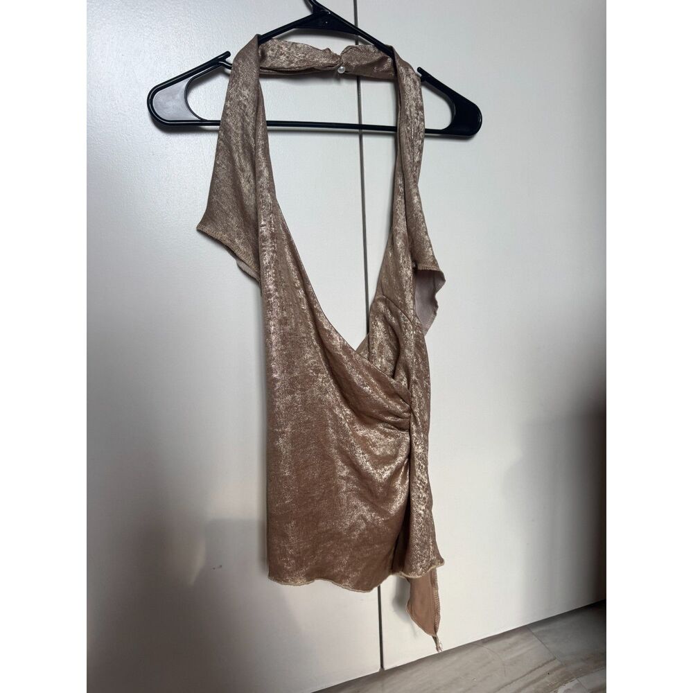 Beautiful Vintage Cross Over Gold Metallic Halter Pearl Backless Tie Top Sz S
